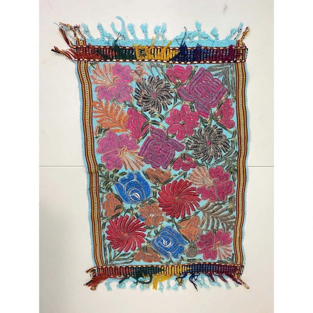 Lot of 4 Mexican Hand Embroidered Floral Textile Panels Otomi Folk Art Fringed